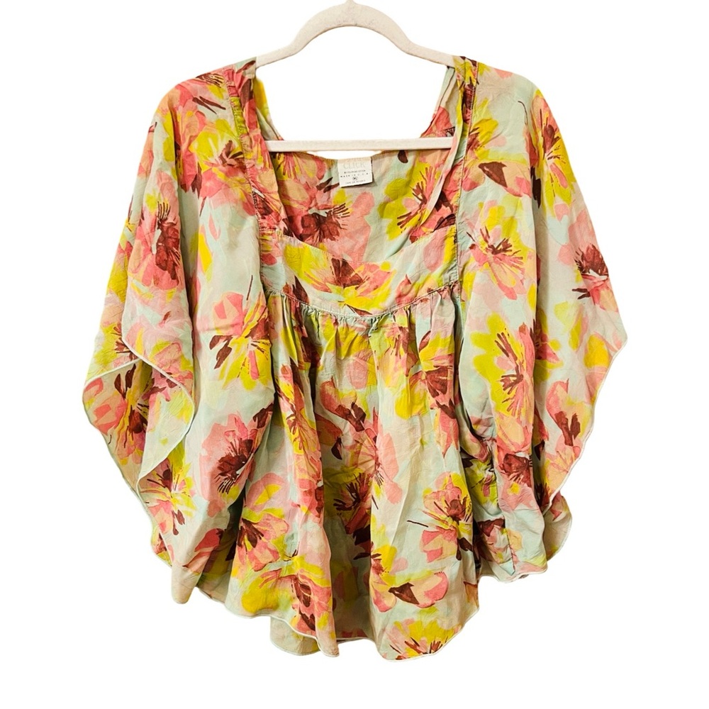 Pink and Blue Floral Dolman Sleeve Blouse